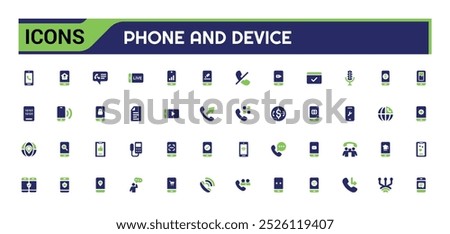 Set of communication device icons. Mobile device and phone solid icon collection. Filled icons set.