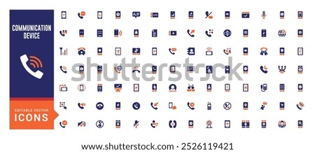 Set of communication device icons. Mobile device and phone solid icon collection. Filled icons set.