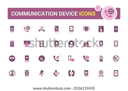 Set of communication device icons. Mobile device and phone solid icon collection. Filled icons set.