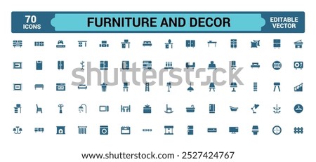 Furniture and decor solid icons set. Glyph icon collection for web and ui. Filled icon pack, Vector illustration. Editable and Pixel perfect.