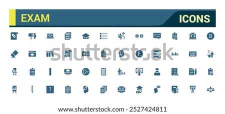 Exam solid icons set. Related to test, score, quiz, results. Glyph icon collection for web and ui. Filled icon pack, Vector illustration. Editable and pixel perfect.