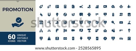 Promotion solid Icons Set. Relatate to Sales, and Commerce, Labels, Gift Cards and New Arrivals. Editable filled icon collection. Pixel perfect, Vector illustration.