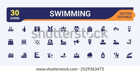 Swimming pool solid icons set. Related to glasses, flippers, cap and more. Filled icon collection. Editable and Pixel perfect flat symbol pack. Vector illustration.