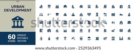 Urban development solid icons set. Related to building, constraction, hospital, cityscape, company and more. Editable filled flat icon collection. Vector illustration.