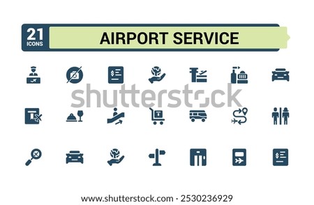 Airport service solid icons set. Related to filled icon for Air ticket, Seat, Bag, Departure, plane, Terminal, Passport and more icon collection, Editable and Pixel perfect solid symbol pack.