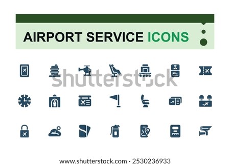 Airport service solid icons set. Related to filled icon for Air ticket, Seat, Bag, Departure, plane, Terminal, Passport and more icon collection, Editable and Pixel perfect solid symbol pack.