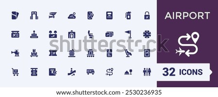 Set of solid Airport icons. Related to filled icon like Plane, Ticket, Seat, Bag, Departure, Terminal, Passport and more sign. Editable and Pixel perfect solid symbol pack.