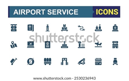 Airport service solid icons set. Related to filled icon for Air ticket, Seat, Bag, Departure, plane, Terminal, Passport and more icon collection, Editable and Pixel perfect solid symbol pack.