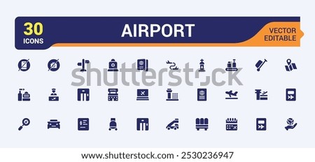 Set of solid Airport icons. Related to filled icon like Plane, Ticket, Seat, Bag, Departure, Terminal, Passport and more sign. Editable and Pixel perfect solid symbol pack.