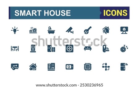 Smart house solid Icon Pack. Set of Featuring automation, IoT, devices, energy, and control. filled vector symbol collection. Editable and pixel perfect icon bundel.