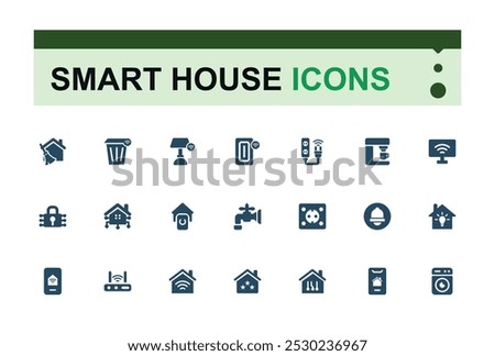 Smart house solid Icon Pack. Set of Featuring automation, IoT, devices, energy, and control. filled vector symbol collection. Editable and pixel perfect icon bundel.