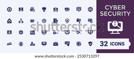 Cyber Security solid icons set. Related to antivirus, spyware, scan, protection and more icon collection. Simple flat symbol pack. Editable filled icons for web and ui. Pixel perfect.