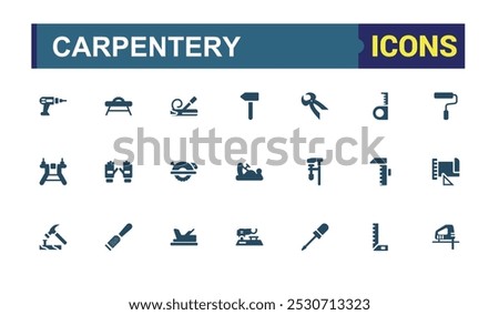 Set of solid Carpentry icons. Related to woodworking. Carpenter tools and more. Editable filled icon collection for web and ui. Pixel perfect.