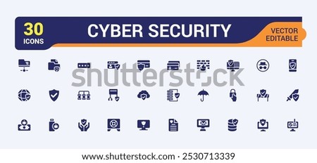 Cyber Security solid icons set. Related to antivirus, spyware, scan, protection and more icon collection. Simple flat symbol pack. Editable filled icons for web and ui. Pixel perfect.