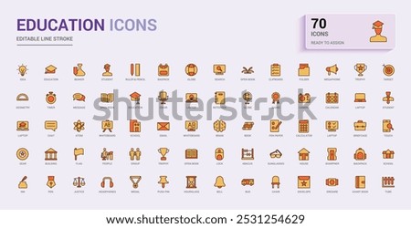 Education and back to school colorful icons set. Line and solid icons pack. collection for web and ui. Outline filled color symbol bundel, Icon names are written in English.