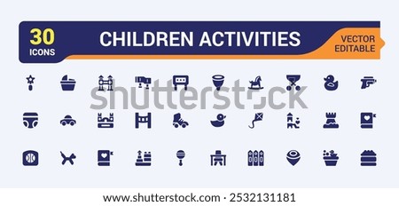 Children Activities solid icons Set. Related to Diverse Play and Learning Symbols, Toys, Books, Science, Coding and more. Editable filled icon collection. Pixel perfect flat symbol pack.