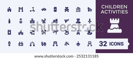 Children Activities solid icons Set. Related to Diverse Play and Learning Symbols, Toys, Books, Science, Coding and more. Editable filled icon collection. Pixel perfect flat symbol pack.