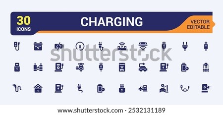 Charging solid icons set. Containing wireless charging, electric car, lighting, electric socket, ev, electricity and more. Glyph filled icon collection. Editable and pixel perfect symbol pack.