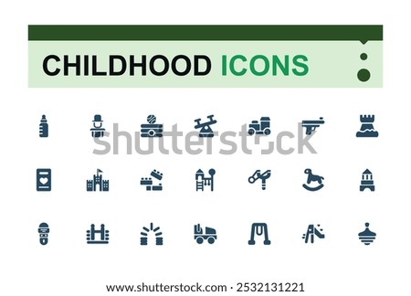 Childhood solid icons Set. Related to Children Activities anb Diverse Play and Learning Symbols, Toys, Books, Science, Coding and more. Editable filled icon collection. Pixel perfect flat symbol pack.