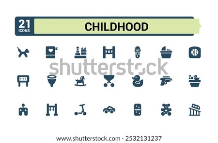 Childhood solid icons Set. Related to Children Activities anb Diverse Play and Learning Symbols, Toys, Books, Science, Coding and more. Editable filled icon collection. Pixel perfect flat symbol pack.