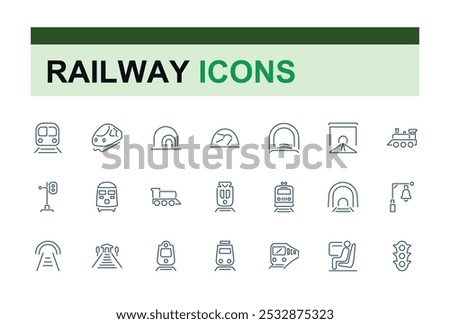 Railway outline icons. Train linear icon collection. Editable stroke. Train station icons bundle. Vector illustration.