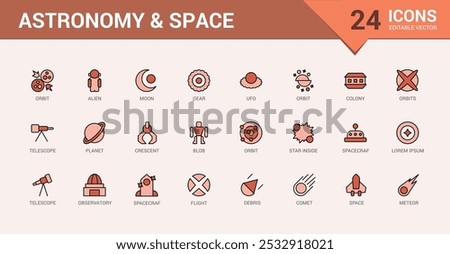 Astronomy and space line and colorful icons set. galaxies, Space planet, sun, alien minimal. Line and filled color icon collection. Editable stroke and color. Pixel perfect.