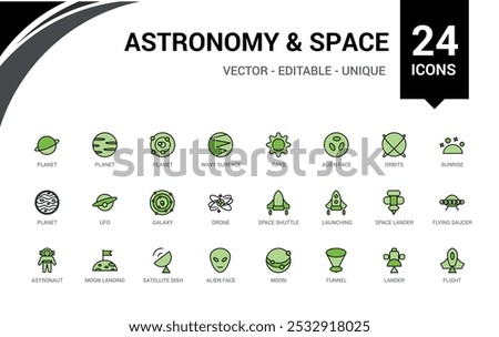 Astronomy and space line and colorful icons set. galaxies, Space planet, sun, alien minimal. Line and filled color icon collection. Editable stroke and color. Pixel perfect.