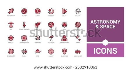 Astronomy and space line and colorful icons set. galaxies, Space planet, sun, alien minimal. Line and filled color icon collection. Editable stroke and color. Pixel perfect.