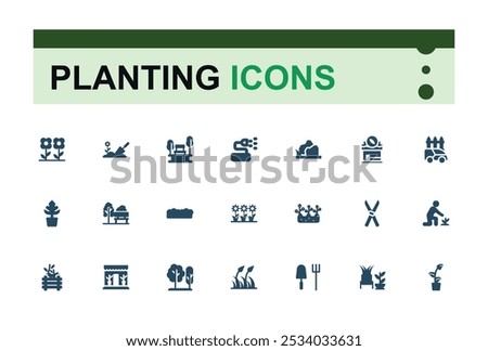 Set of solid garden care icons. Related to shovel, flower, seeds, soil, garden tools, pruning. Filled symbol collection. Editable and pixel perfect sign pack.
