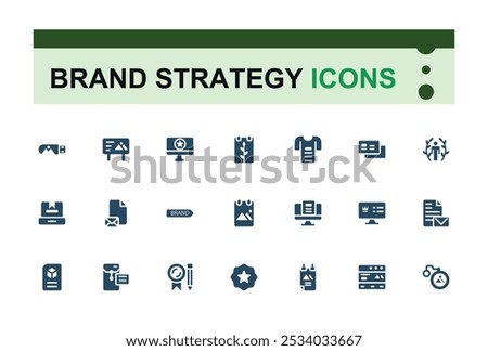 Set of Brand strategy solid icons. Containing logo design, marketing, advertising, business card, promotion. Filled icon collection. Pixel perfect vector illustration.