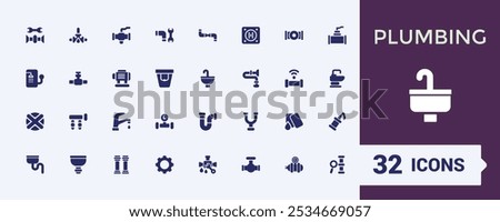 Plumbing soli icon pack. Related to sewerage, piping, waterworks, hydraulics, pipe fitting, sanitation systems and more. Minimal filled icons. Editable Vector symbol.