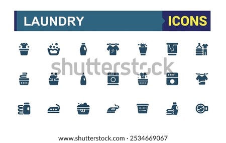 Laundry set of web icons in solid style. Includes filled washing, cloth care, garment cleaning, laundry, clothing care, laundry services and more. Simple icon for mobile and web apps.