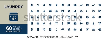 Laundry solid icon set. Related to linens, garment cleaning, fabric cleaning, laundry services and more. UI icon set in flat design. Vector icons editable filled sign.