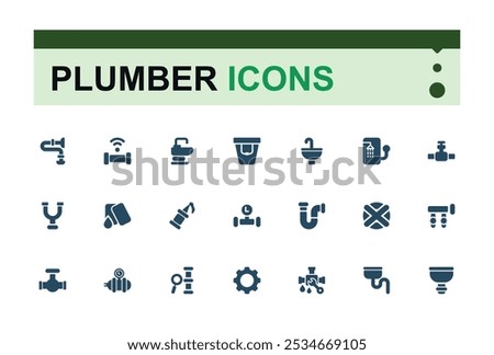 Plumbing Solid icons set. Includes filled hydraulics, pipework, pipe maintenance, sewerage, water systems, piping and more. Minimal Glyph icons. Editable symbol.