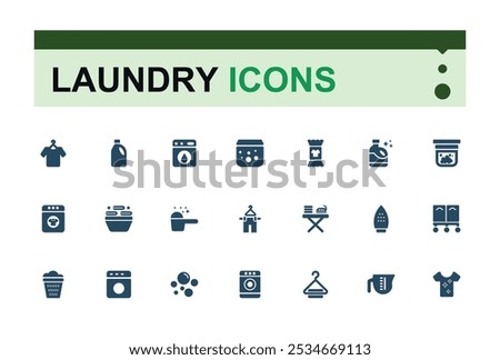 Laundry set of web icons in solid style. Includes filled washing, cloth care, garment cleaning, laundry, clothing care, laundry services and more. Simple icon for mobile and web apps.