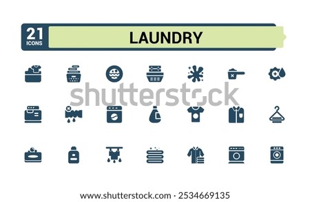 Laundry set of web icons in solid style. Includes filled washing, cloth care, garment cleaning, laundry, clothing care, laundry services and more. Simple icon for mobile and web apps.