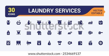 Laundry servicesset of web icons in solid style. Perfect for filled UI designs featuring garment cleaning, clothing care, cloth care, fabric cleaning and more. Outline icon collections.