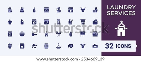 Laundry servicesset of web icons in solid style. Perfect for filled UI designs featuring garment cleaning, clothing care, cloth care, fabric cleaning and more. Outline icon collections.