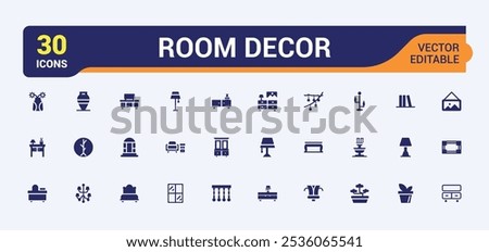 Home Decor icons in filled style. Containing home interior, construction, carpentry, interior designer, decoration, furniture and more. Filled icon collections. Editable glyph. Vector illustration.