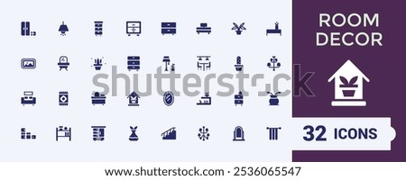 Home Decor icons in filled style. Containing home interior, construction, carpentry, interior designer, decoration, furniture and more. Filled icon collections. Editable glyph. Vector illustration.