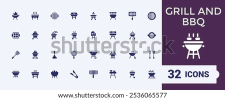 Grill And BBQ icon collection. Related to roast, barbeque, kitchen, fire, bbq, cutlet and more. Flat filled style icons pack. Vector icons editable glyph.