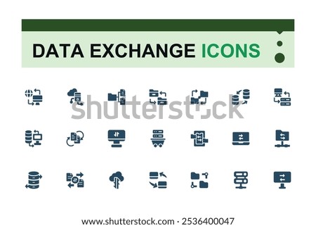 Data Exchange and Analytics solid web icon set. Icons set with database, data exchange, cloud data, data analytics and more. Filled icon collections. Editable vector illustration.