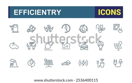 Energy Efficiently thin line icon set. Contains related to battery, technology, solar, light bulb, efficiency, electricity management and more. Editable icons pack. Vector outline icons Collection.