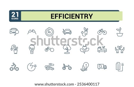 Energy Efficiently thin line icon set. Contains related to battery, technology, solar, light bulb, efficiency, electricity management and more. Editable icons pack. Vector outline icons Collection.