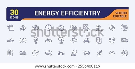 Energy Efficiently thin line icon set. Contains related to battery, technology, solar, light bulb, efficiency, electricity management and more. Editable icons pack. Vector outline icons Collection.