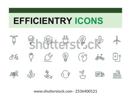 Energy Efficiently thin line icon set. Contains related to battery, technology, solar, light bulb, efficiency, electricity management and more. Editable icons pack. Vector outline icons Collection.