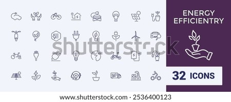 Energy Efficiently thin line icon set. Contains related to battery, technology, solar, light bulb, efficiency, electricity management and more. Editable icons pack. Vector outline icons Collection.