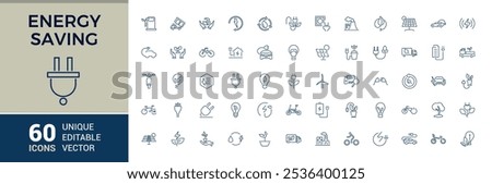 Energy Efficiently thin line icon set. Contains related to battery, technology, solar, light bulb, efficiency, electricity management and more. Editable icons pack. Vector outline icons Collection.