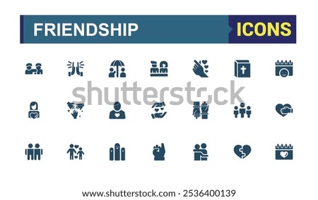 Friendship solid icon collections. Featuring person, set, app, love, respect, giving and more. Flat filled icons pack. Vector filled icons Collection.