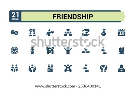 Friendship solid icon collections. Featuring person, set, app, love, respect, giving and more. Flat filled icons pack. Vector filled icons Collection.